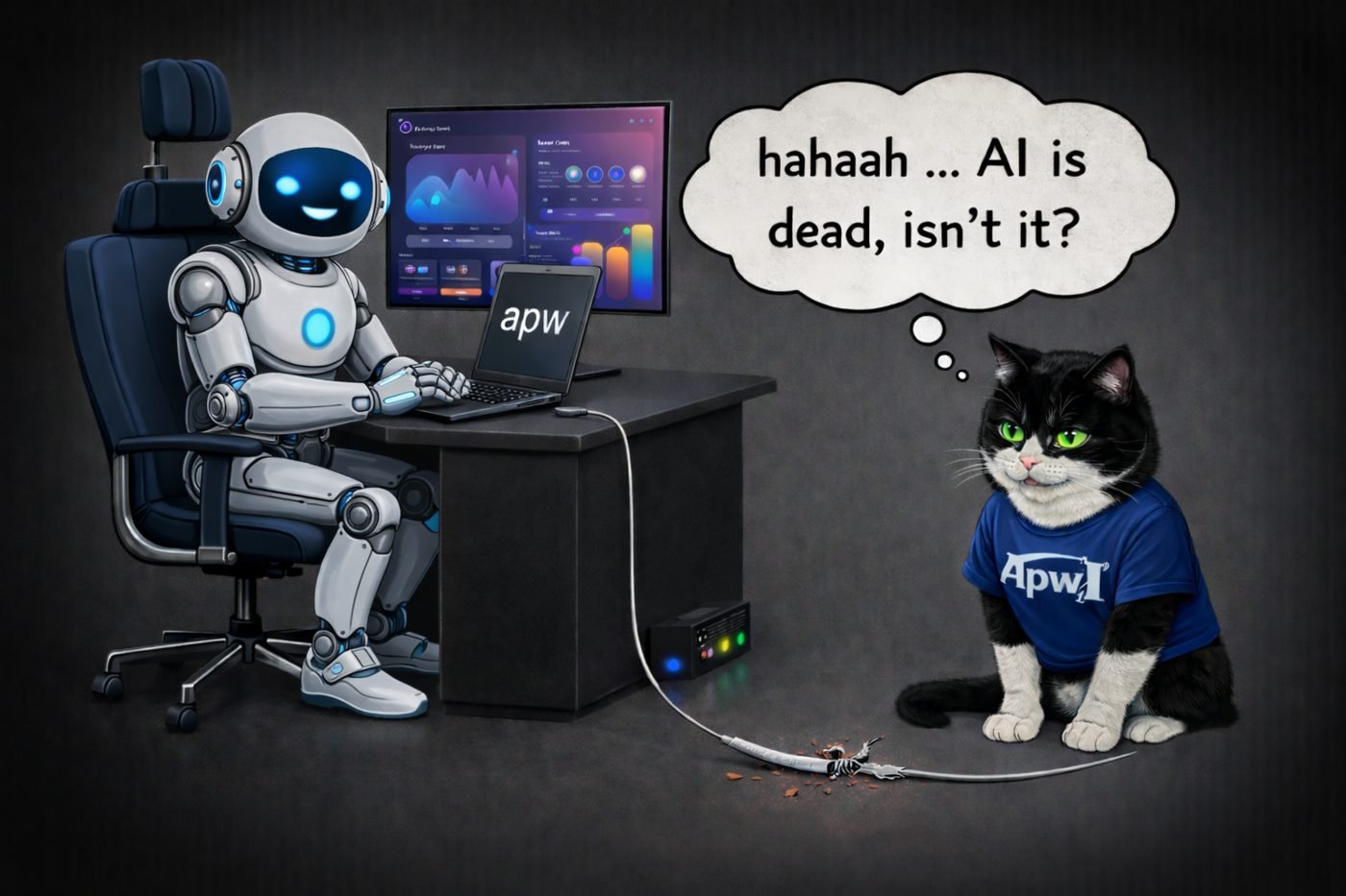 Robot pracujący przy komputerze i kot w koszulce APW – ilustracja A(pw)I